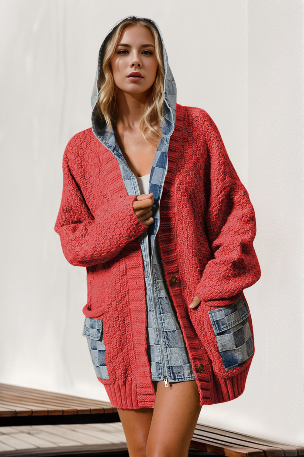 Judith Hooded Denim Crochet Cardigan