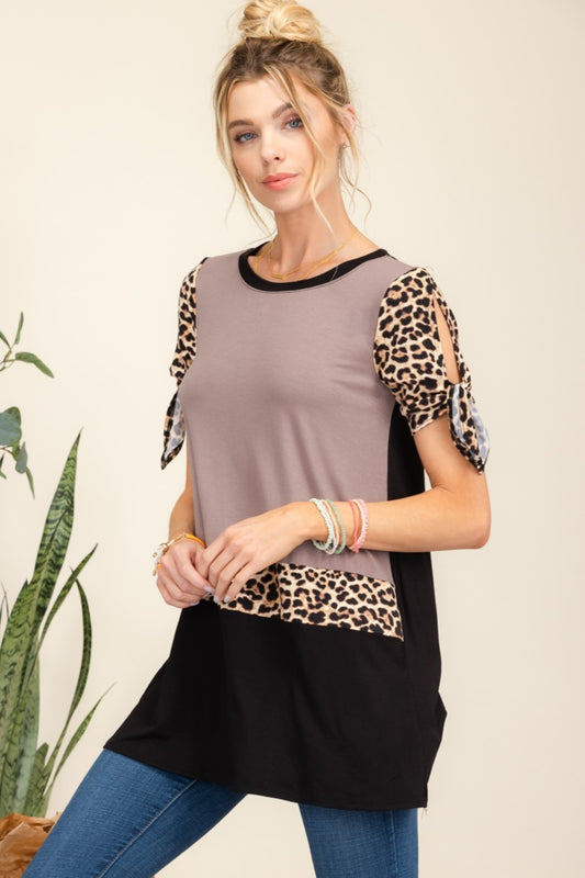 Tie Sleeve Leopard Color Blocked Top