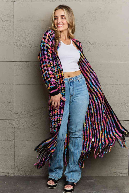 Multicolored Fringe Hem Cardigan