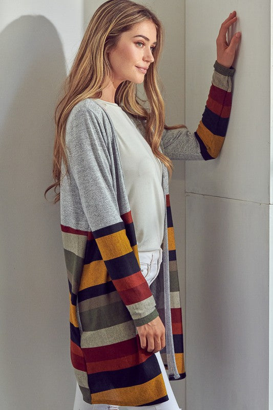 LUS BRUSHED STRIPE SOLID MIX CARDIGAN