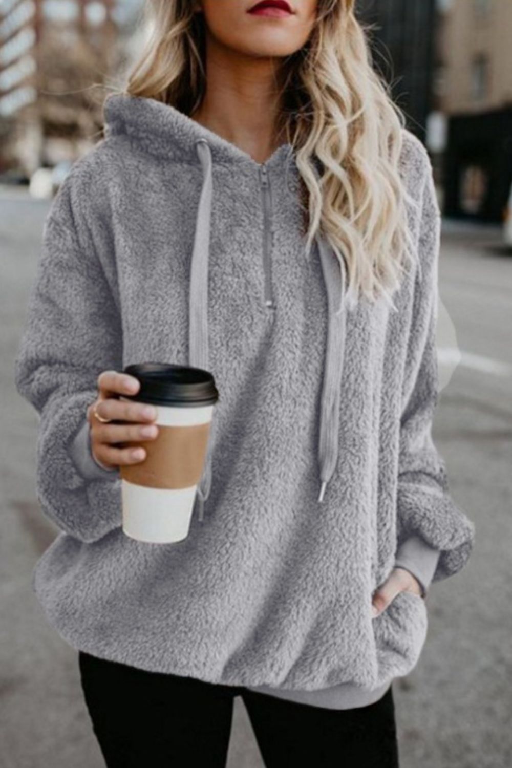 Quarter-Zip Solid Teddy Hoodie