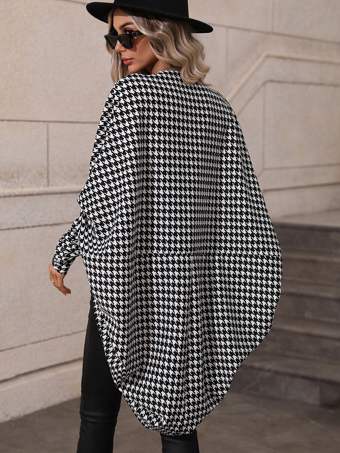 Houndstooth Open Front Sleeve Cardigan