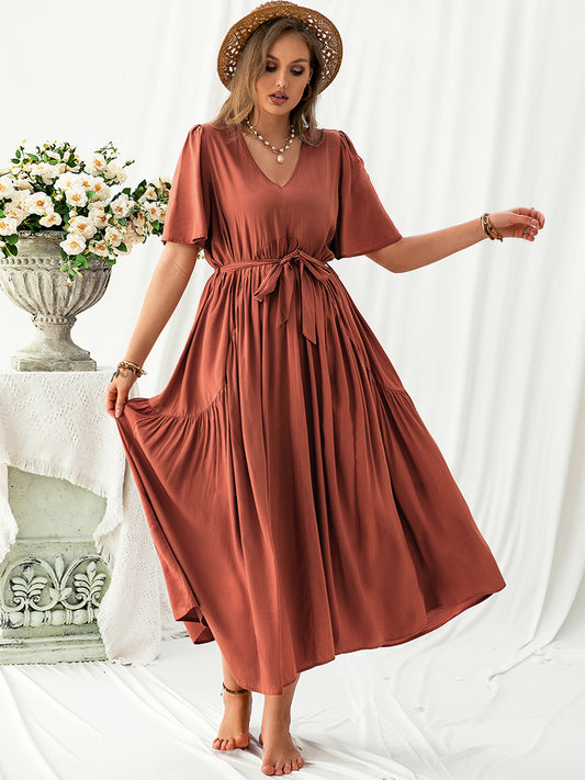 V-Neck Flutter Sleeve Dress