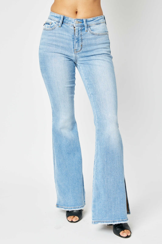 Judy Blue Rise Raw Hem Slit Flare Jeans