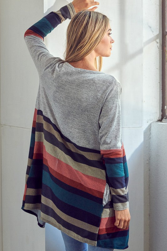 LUS BRUSHED STRIPE SOLID MIX CARDIGAN