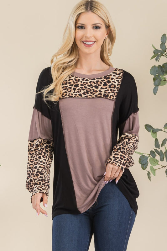 Mary Leopard Color Block Exposed Seam T-Shirt