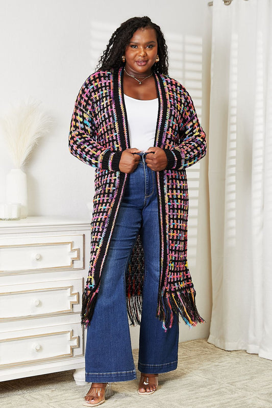 ONLINE EXCLUSIVE! Black Multicolored Fringe Hem Cardigan