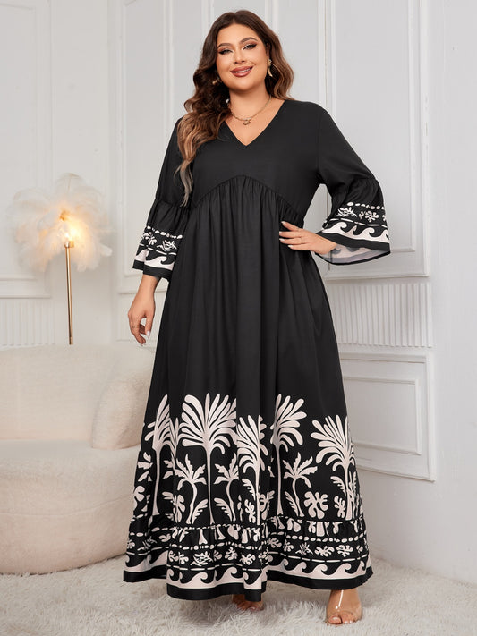 Tropical Print Long Sleeve Maxi Dress