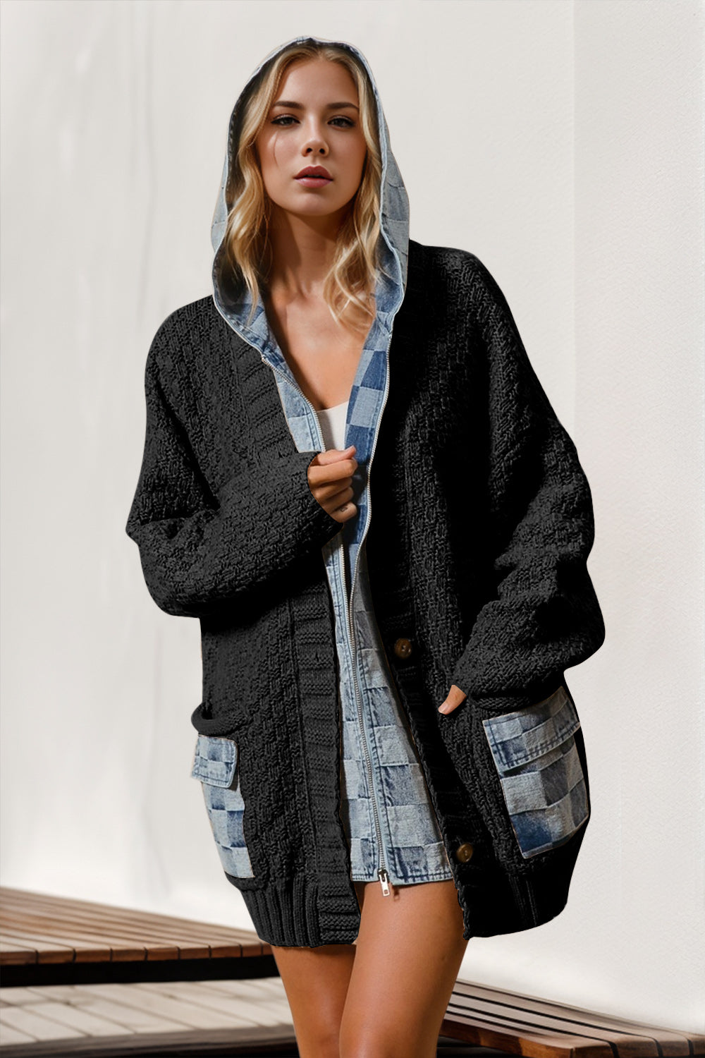 Judith Hooded Denim Crochet Cardigan