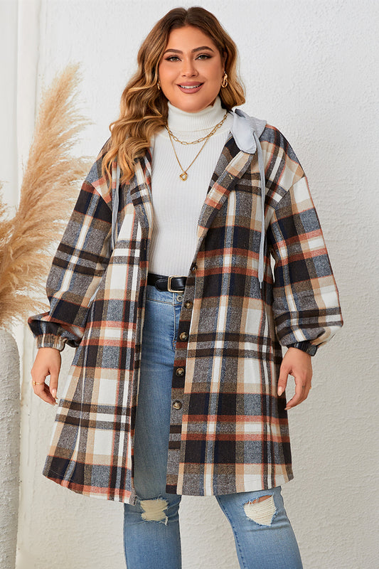 Honey Plaid Drop Shoulder Hooded Coat