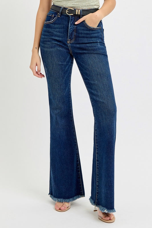 RISEN Tummy Control Frayed Hem Flare Jeans