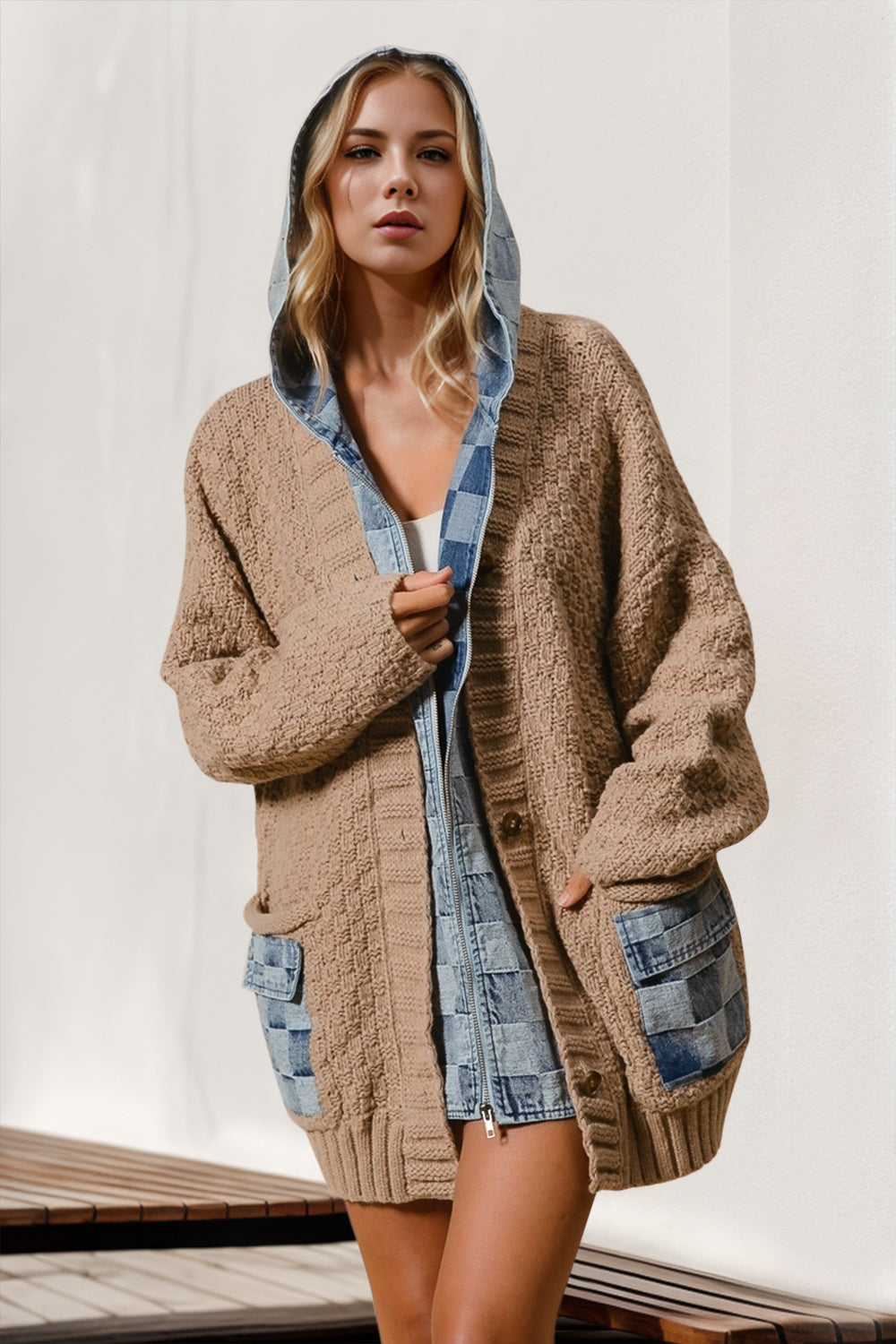 Judith Hooded Denim Crochet Cardigan