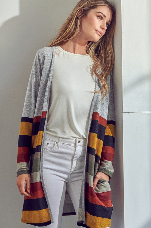 LUS BRUSHED STRIPE SOLID MIX CARDIGAN