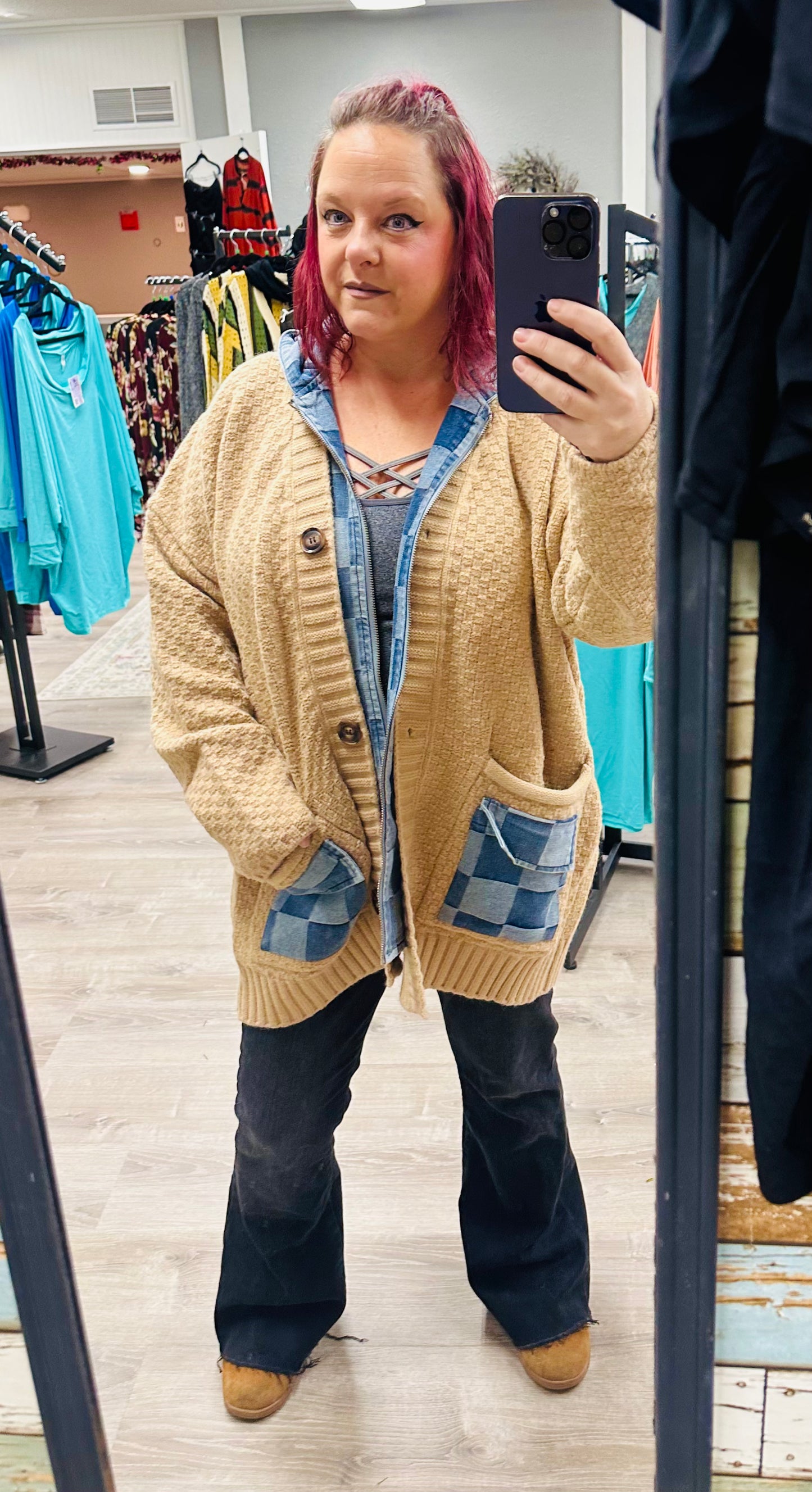 Judith Hooded Denim Crochet Cardigan