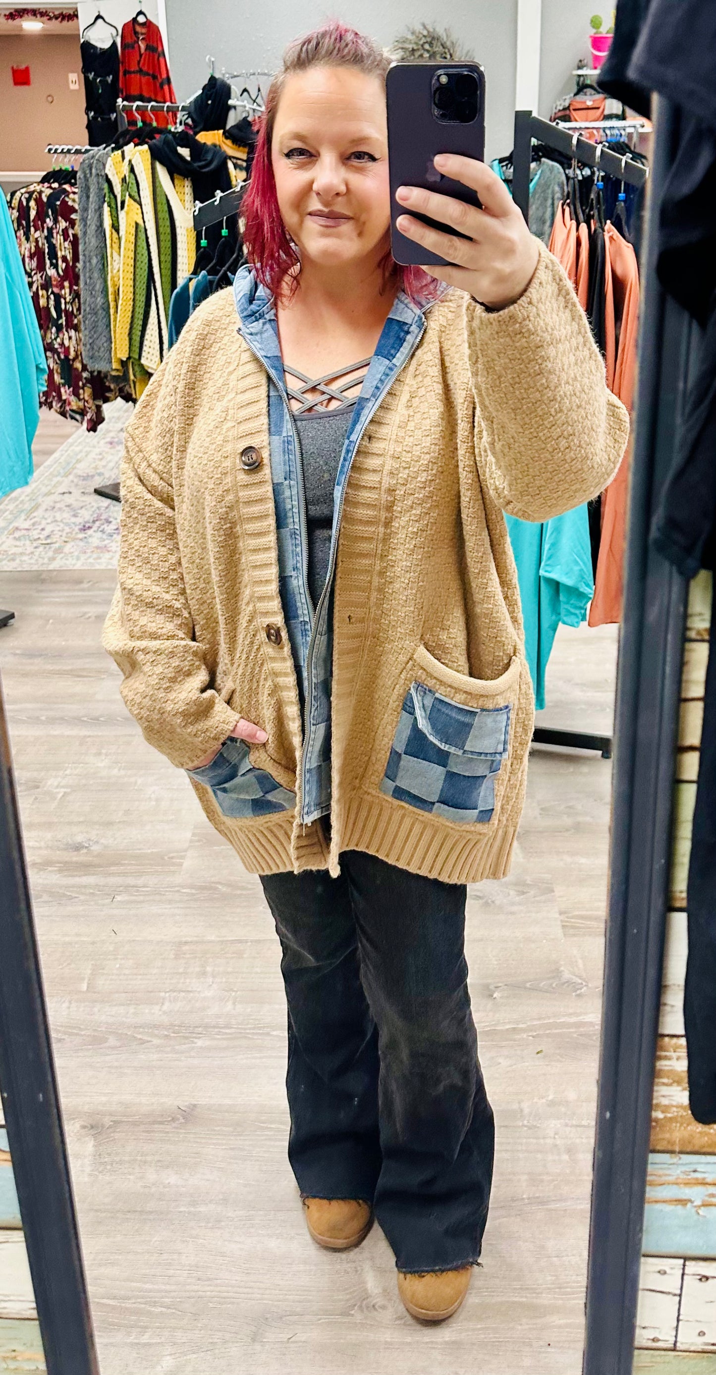 Judith Hooded Denim Crochet Cardigan