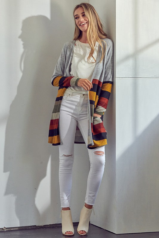 LUS BRUSHED STRIPE SOLID MIX CARDIGAN