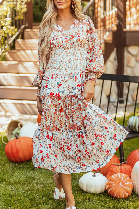 V-Neck Lantern Sleeve Midi Dress