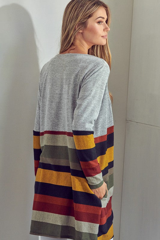 LUS BRUSHED STRIPE SOLID MIX CARDIGAN