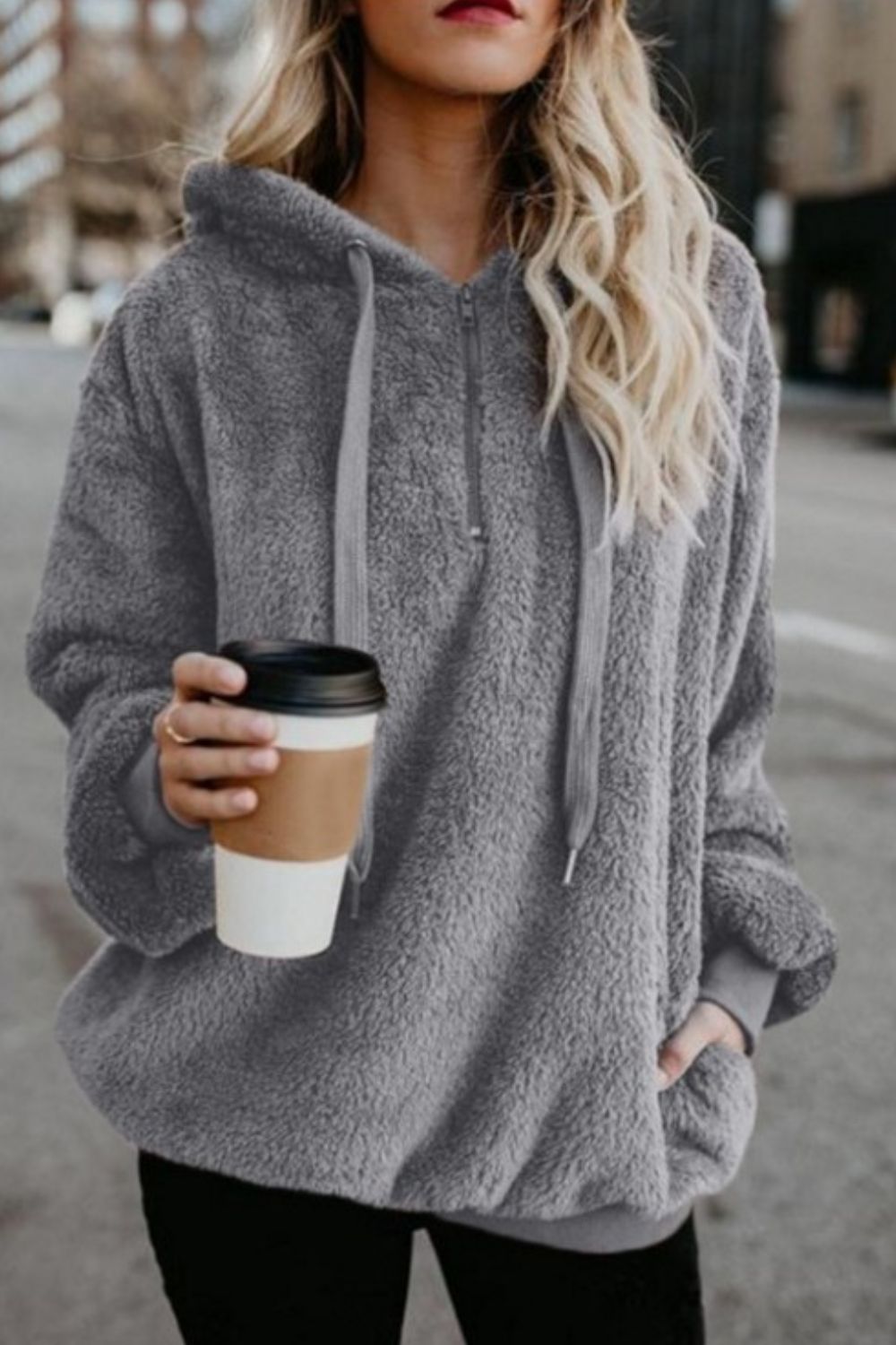 Quarter-Zip Solid Teddy Hoodie