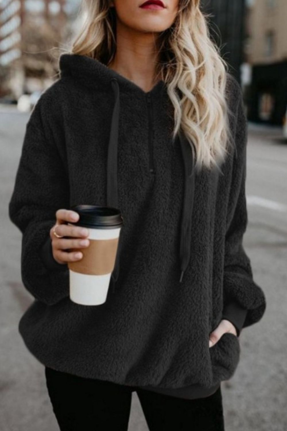 Quarter-Zip Solid Teddy Hoodie