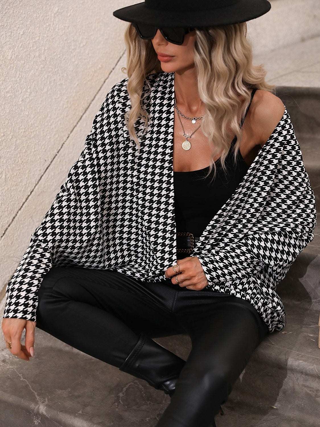 Houndstooth Open Front Sleeve Cardigan